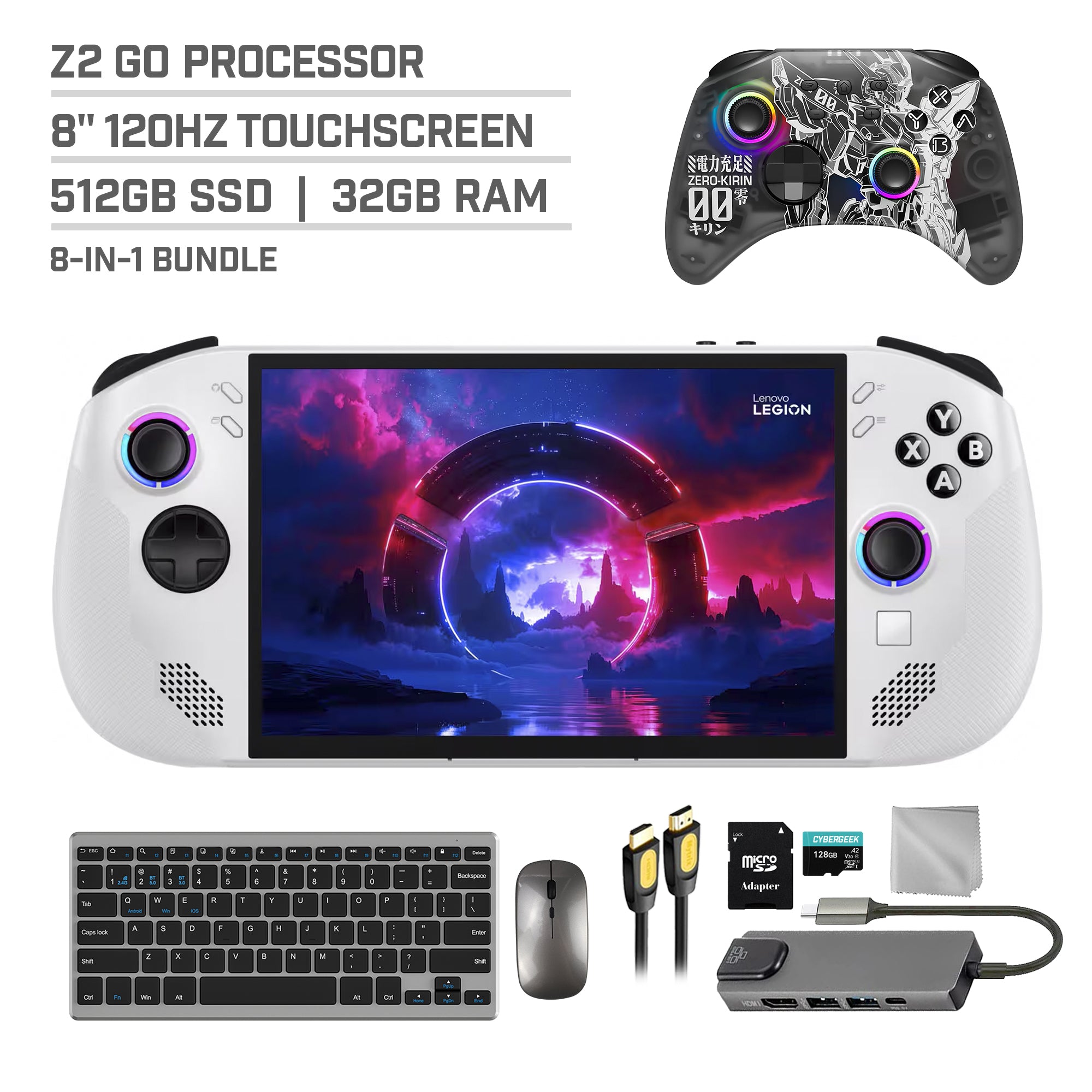 Lenovo Legion Go S 512GB Gaming Handheld 8-inch Touchscreen 120Hz WUXGA AMD Ryzen Z2 Go CPU, Mytrix Zero-Kirin Wireless Pro Controller, Hub, 128GB MicroSD, Keyboard & Mouse, 8 in 1 Bundle Lenovo Legion Go S 512GB Gaming Handheld 8-inch Touchscreen 120Hz WUXGA AMD Ryzen Z2 Go CPU, Mytrix Zero-Kirin Wireless Pro Controller, Hub, 128GB MicroSD, Keyboard & Mouse, 8 in 1 Bundle